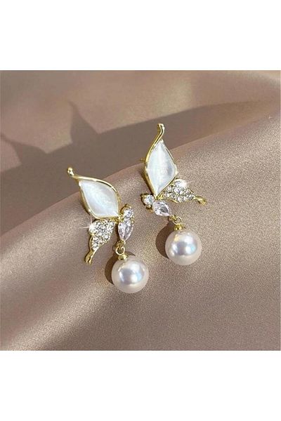 Pelin Aksesuar Cream Pearl Butterfly Earrings