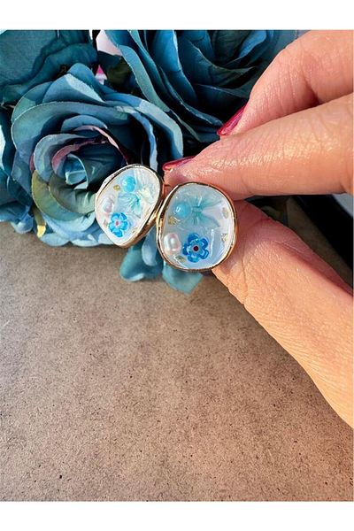 Pelin Aksesuar Blue Flower Patterned Earrings