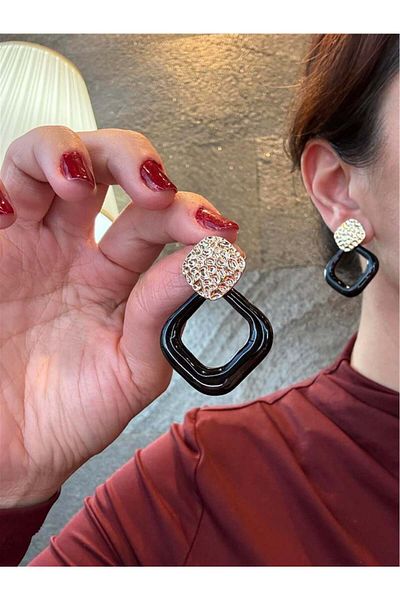 Pelin Aksesuar Black Gold Big Square Earrings