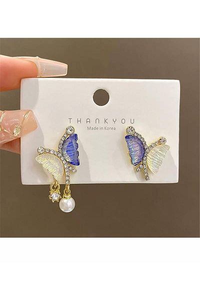 Pelin Aksesuar Blue White Pearlescent Asymmetrical Butterfly Earrings