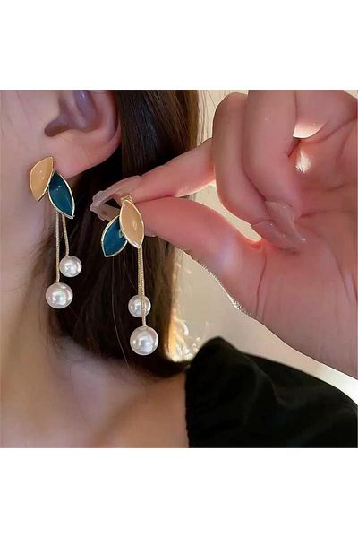 Pelin Aksesuar Green Beige Pearl Dangle Leaf Earrings