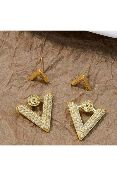 Pelin Aksesuar Gold Triangle Ghost Earrings with White Stones