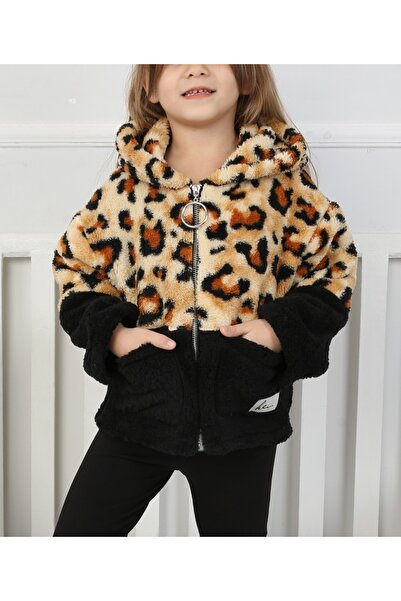 zeykid Kız çocukları için leopar desenli peluş kürk çift cep kapüşonlu