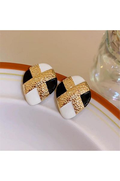Pelin Aksesuar Black White Gold Cross Vintage Earrings