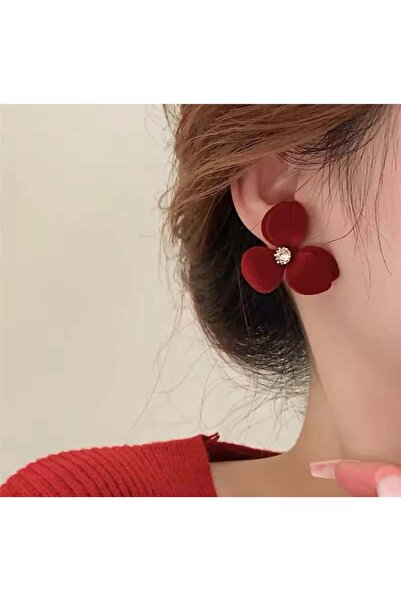 Pelin Aksesuar Kırmızı Kadife Çiçek Küpe