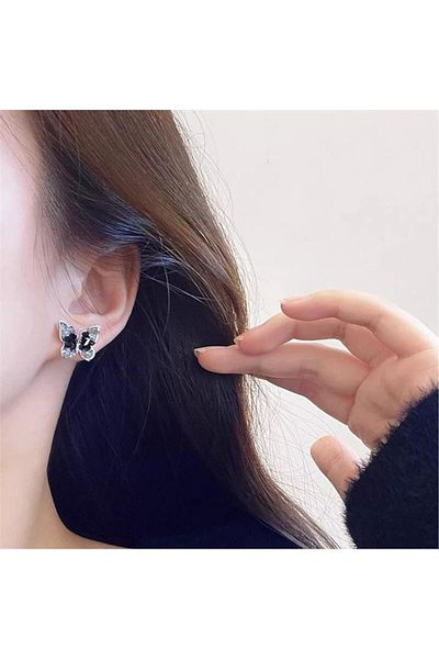 Pelin Aksesuar Silver Mini Butterfly Earrings with Black Smoked Crystal