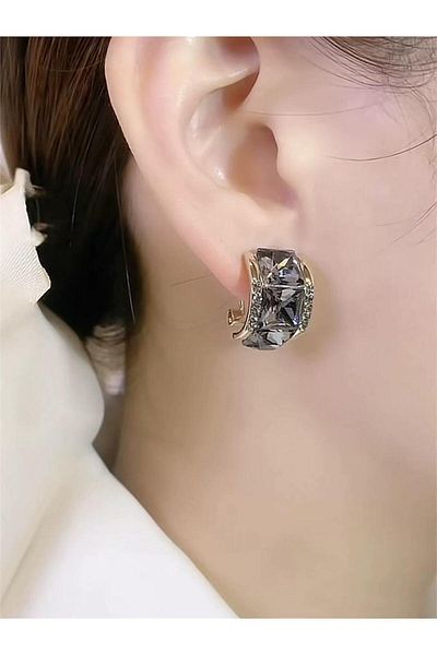 Pelin Aksesuar Smoked Crystal Baguette Stone Hoop Earrings