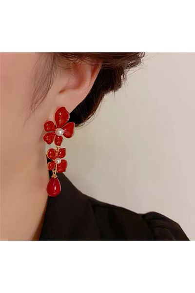 Pelin Aksesuar Red Long Flower Earrings