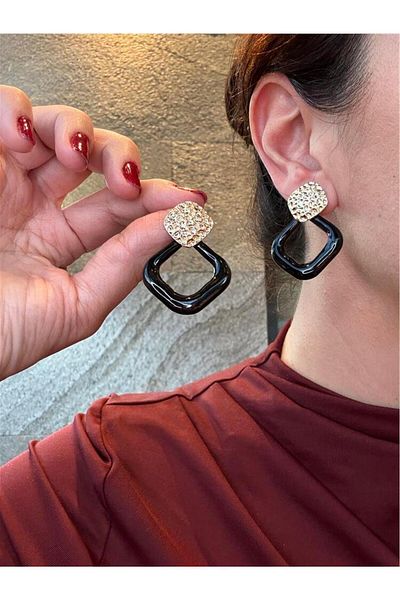Pelin Aksesuar Black Gold Big Square Earrings
