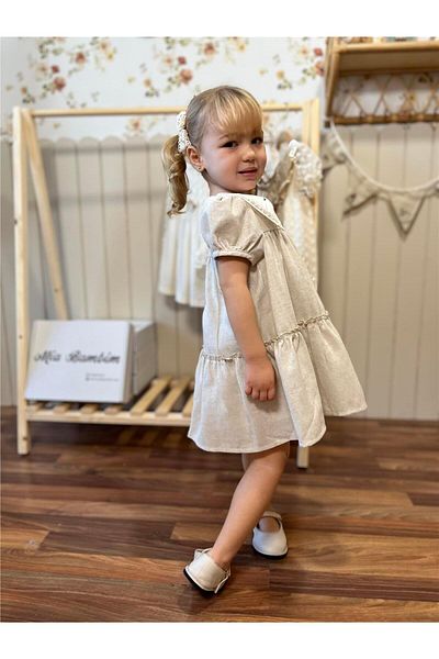 miabambim Front Bow Watermelon Sleeve Baby Girl Dress Premium Series 100% Linen Beige
