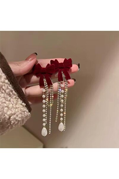 Pelin Aksesuar Bordo Sallantılı Taşlı İncili Kadife Fiyonk Küpe