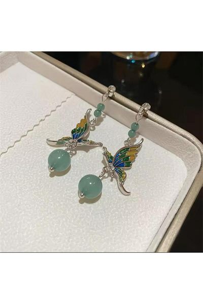 Pelin Aksesuar Blue Beaded Butterfly Earrings