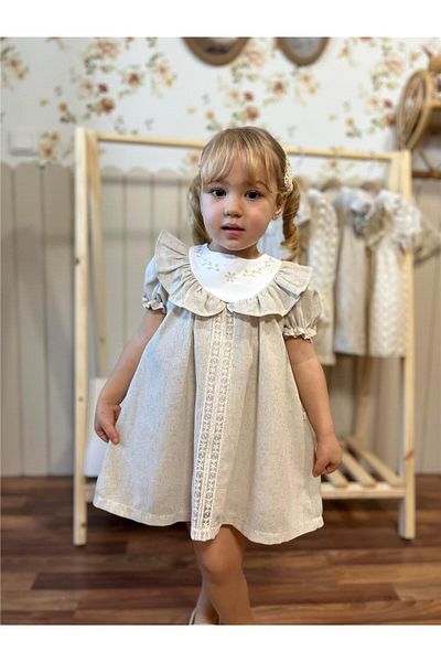 miabambim Ruffled Collar Watermelon Sleeve Baby Girl Dress Premium Series 100% Linen Beige