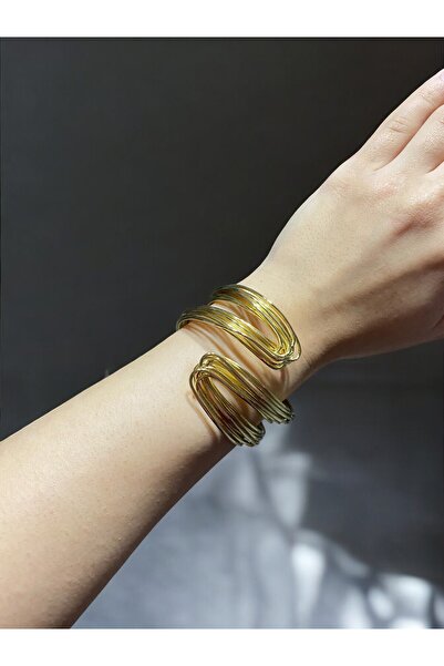 ŞAKOO Kadın Çelik  Altın Renk Kaplama Ayarlanabilir El Yapımı Tel Sarma Kelepçe Bileklik