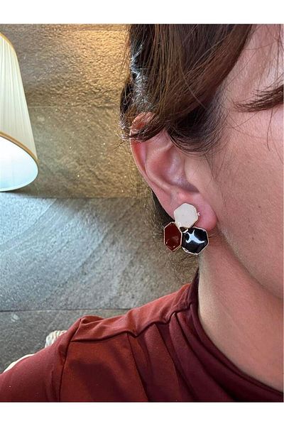 Pelin Aksesuar Red Black White Honeycomb Earrings