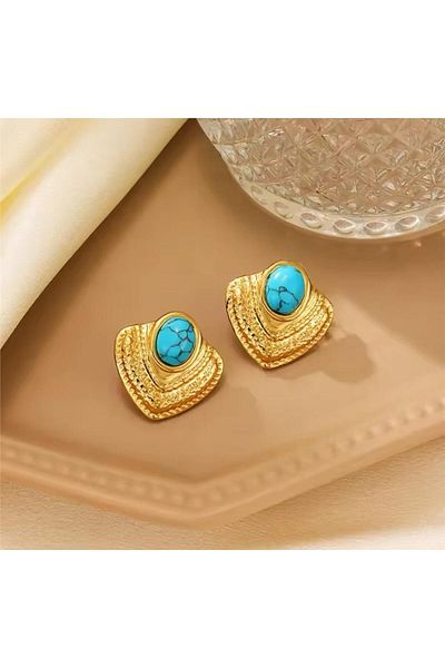 Pelin Aksesuar Turquoise Stone Steel Vintage Earrings