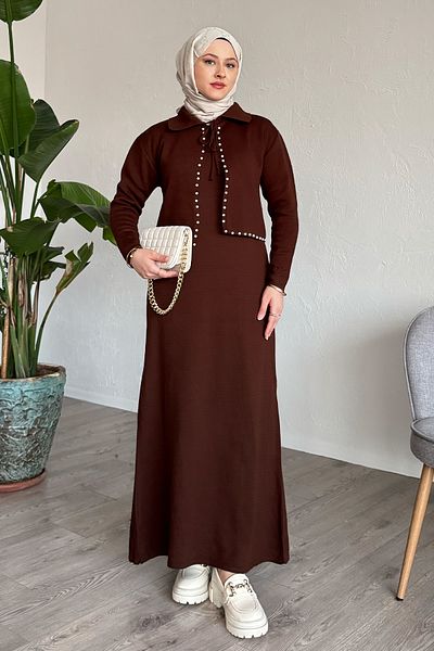 InStyle Bitter Coffee Knitwear Set with Pearl Bolero