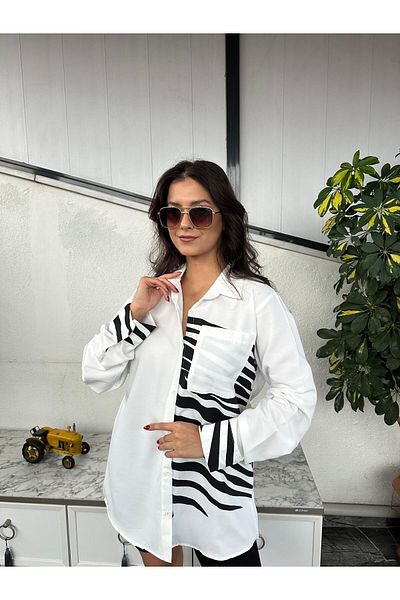 Kübra Tekstil Women's White Zebra Print Oversize Shirt with Pockets, Tunic