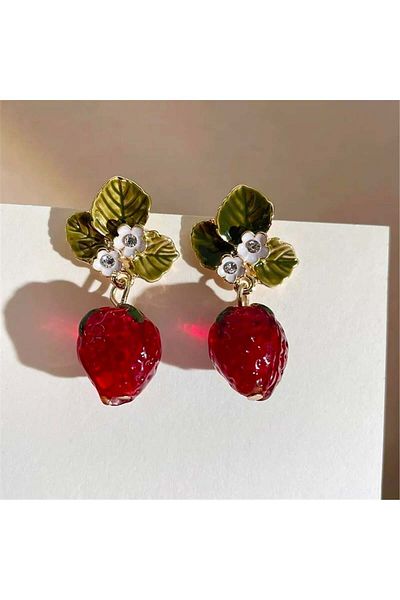 Pelin Aksesuar Red Strawberry and Leaf Earrings