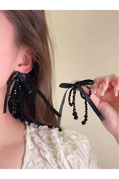 Pelin Aksesuar Black Beaded Ribbon Bow Design Earrings