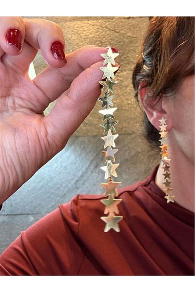 Pelin Aksesuar Gold Long Starry Steel Earrings