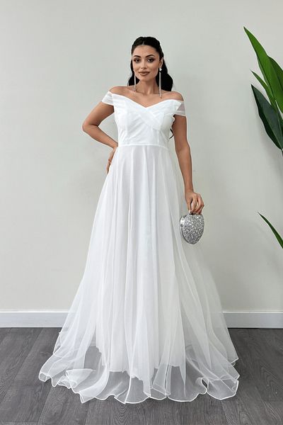 giyimmasalı Φόρεμα Princess Organza Fabric Boat Neck - ΛΕΥΚΟ
