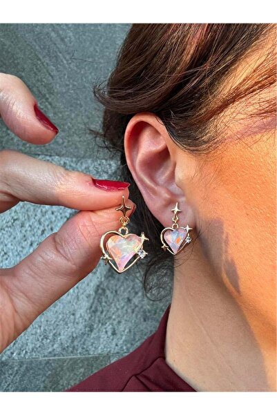 Pelin Aksesuar Pembe Taşlı Kalp Küpe