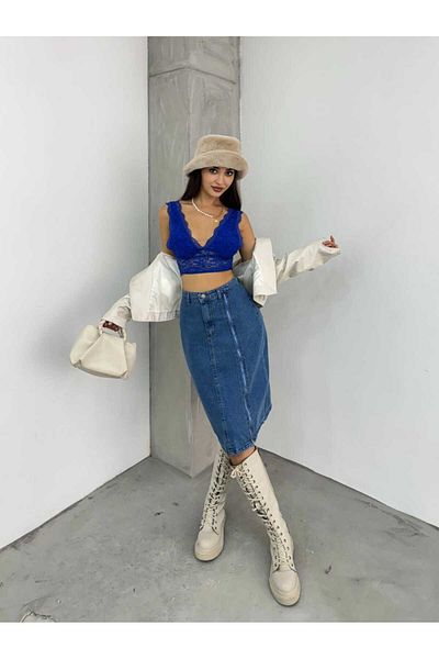 SHEVEGA FUSTA DE DENIM DETALIE CU FERMOAR ALBASTRU FATA