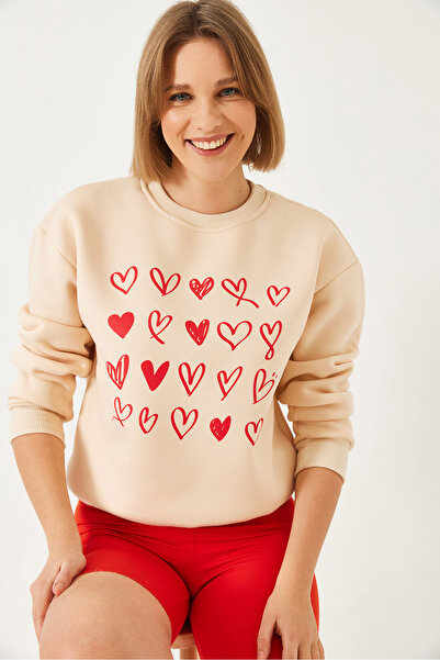 Bianco Lucci Damen-Basic-Sweatshirt mit Herz-Print 60601032