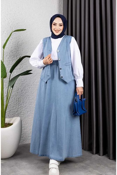 nacar çarşı Women's Denim Vest - Skirt with Elastic Waist 2 Suits