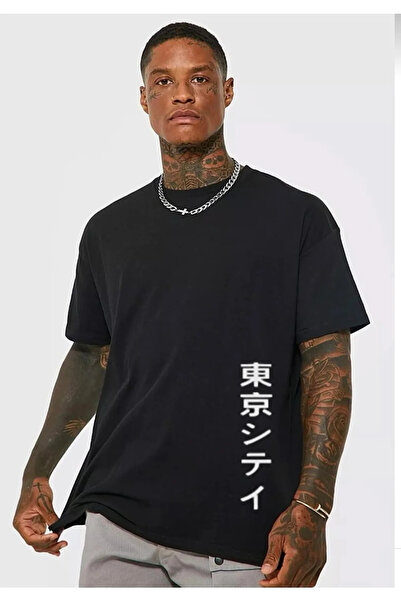 donamod Japanski print Oversize kroj crni garalio T-shirt