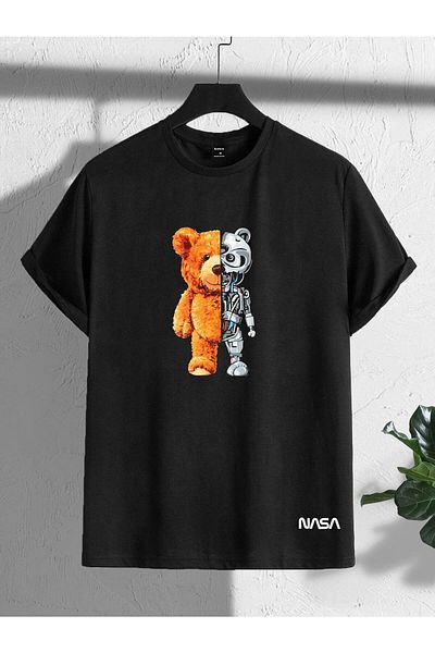 Pisa Art Μπλουζάκι Nasa Robot Bear Crew Neck Oversize - Μαύρο κοντομάνικο σχέδιο με στάμπα άνετο και χαλαρό