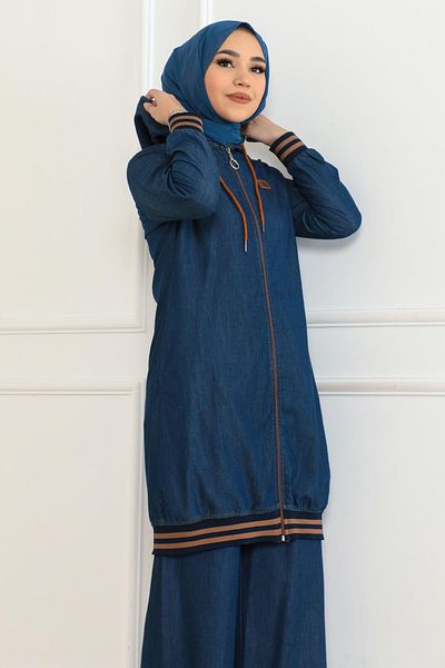 Modamihram Dark Blue Zippered Jeans Set - Ribbed 19363