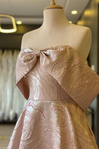 Lenta Moda Powder Low Sleeve Print Brocade Fabric Midi Length Evening Dress and Evening Gown