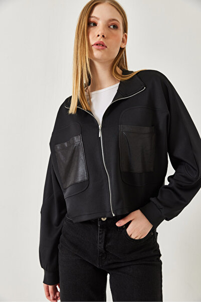 Bianco Lucci Women's Leather Pocket Detailed Diver Fabric Stand Collar Jacket Mbms044 60501044