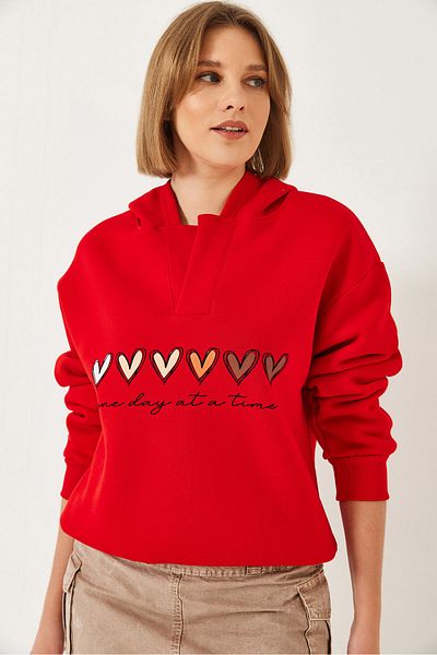 Bianco Lucci Damen-Sweatshirt mit Kapuze, drei Fäden, Raster, buntes Herz, bedruckt 60601040