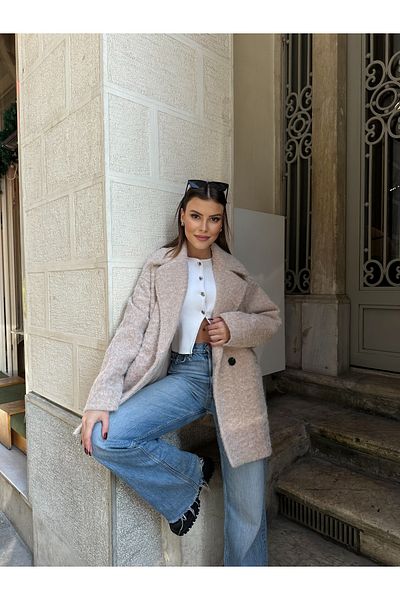 VESS MODA Women's Jacket Collar Buttoned Oversize Teddy Stamp Jacket Coat