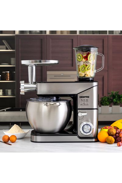Geepas Multi-Function Kitchen Machine Stainless Steel Bowl With Lid  1.5L Glass Blender Jar  Meat Grinder