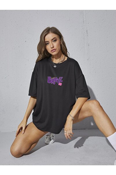 donamod Tricou unisex cu imprimeu Bratz, negru, oversize, cu decolteu triplu