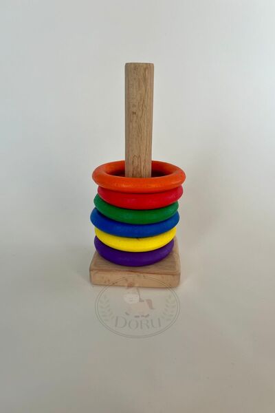 DORU Montessori Doğal Ahşap Ana Renkler Halka Dizme Sıralama Oyunu Anaokulu K...