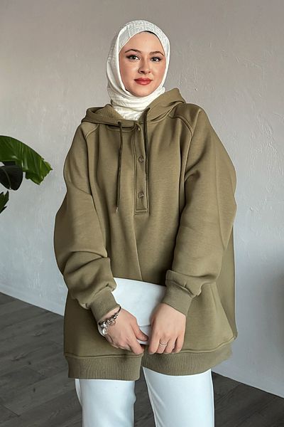 InStyle Snap Neck Hooded Khaki Sweat