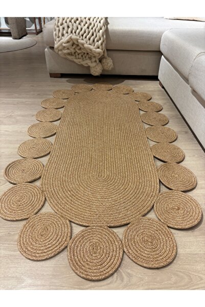 MaVaux Oval Papatya Hasır Jüt Çiçek Desenli Kilim Halı