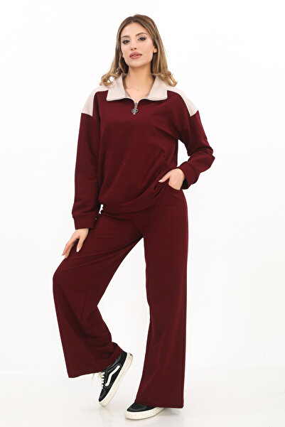 zitex Burgundy Zipper Collar Double Color Blocked Compact Combed Cotton Track...