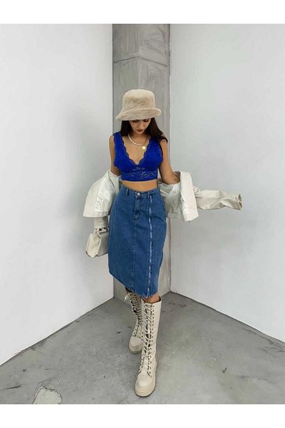 SHEVEGA FUSTA DE DENIM DETALIE CU FERMOAR ALBASTRU FATA