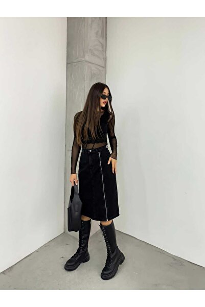 SHEVEGA Women's Black Jeans Skirt with Front Zipper Detail