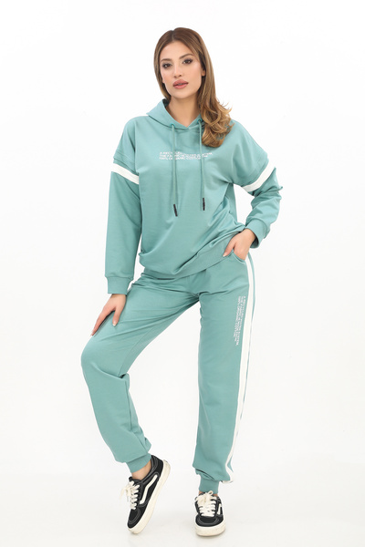 zitex Hooded Ribbed Sleeve Compact Combed Cotton Tracksuit Set with Stripe Sides