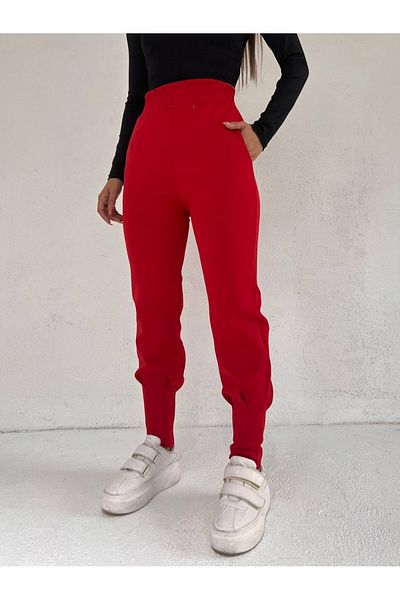Modamorfo Elastic Waisted Scuba Trousers with Stitched Pockets -Red