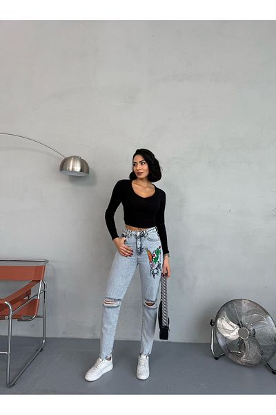 Zeo Basic MOM JEAN cu broderie și detalii rupte