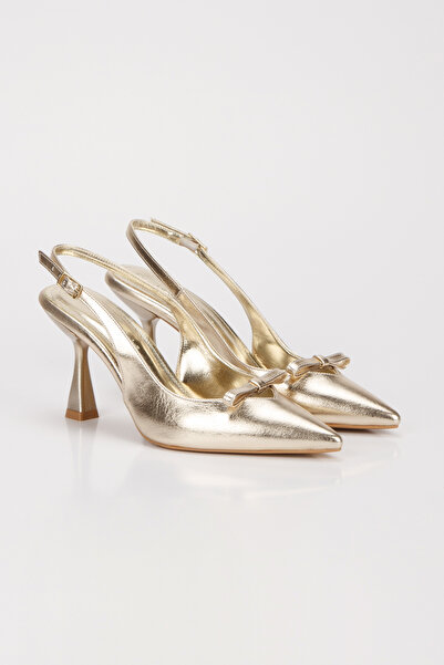 UĞURÖKÇE Women's Metallic Gold Bow Detailed Heeled Stiletto