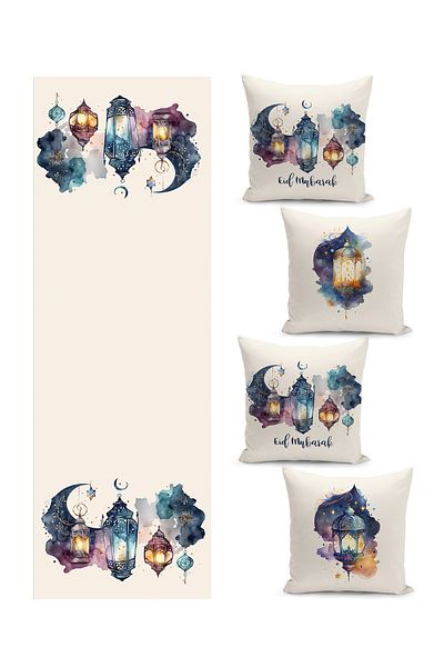 Filamente Ramadan Themed Four Throw Pillow Covers and Runner Set